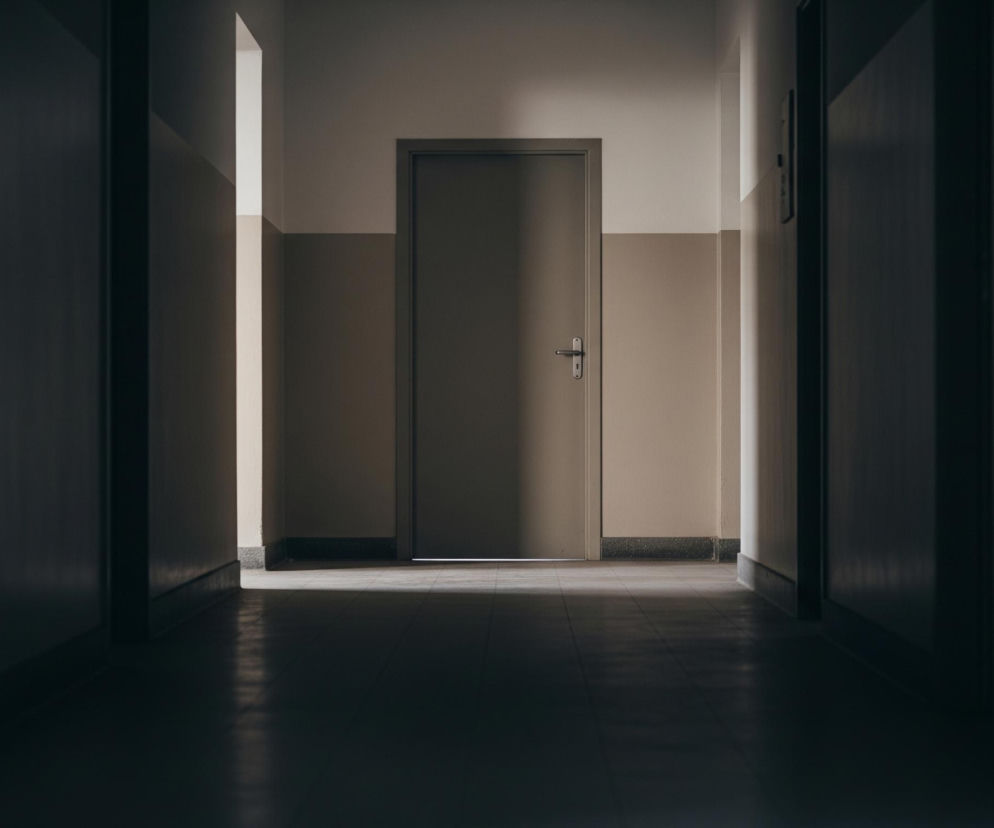 Długi korytarz z drzwiami na wprost, utrzymany w ciemnych, stonowanych barwach. Szare drzwi znajdują się centralnie w kadrze, z metalową klamką po prawej stronie, otoczone jasnoszarą futryną i ścianą pomalowaną w dwóch poziomach: dolna część jest ciemnobrązowa, a górna jasnobeżowa. Po obu stronach korytarza widać ciemne ściany, a na podłodze leżą płytki w kratę, które w oddali stają się jaśniejsze, a bliżej, na pierwszym planie, toną w cieniu. Z lewej strony na ścianie widoczne są fragmenty ciemnych framug.