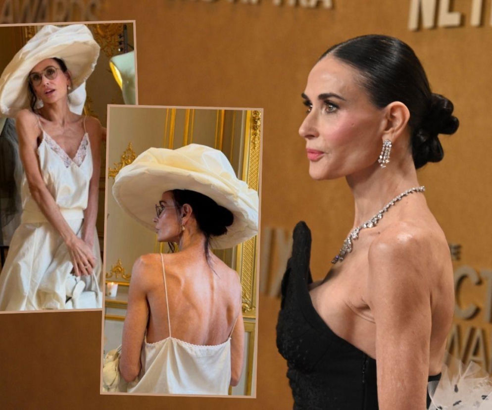 Demi Moore w czarnej sukni. Obok miniatury aktorki w białej kreacji i dużym kapeluszu. O jej zdrowiu przeczytasz w Eska.