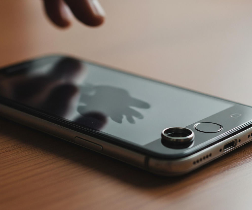 Smartfon z błyszczącym, czarnym ekranem leżący na drewnianym blacie. Na ekranie smartfona, w dolnej części, spoczywa metalowy pierścień w kolorze szarym lub srebrnym. Na ekranie smartfona odbija się zamazany kształt dłoni z rozstawionymi palcami, oraz w tle niewyraźna sylwetka drugiej osoby. W prawym dolnym rogu telefonu widoczne są otwory głośnika i port ładowania. U góry, ponad smartfonem, widać niewyraźnie część dłoni, której odbicie jest widoczne na ekranie.