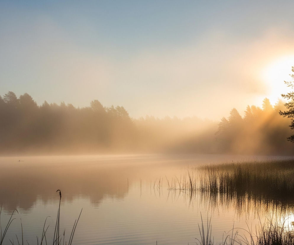 Spokojny zbiornik wodny zajmuje centralną część obrazu, otoczony gęstą mgłą uniesioną nad jego powierzchnią. Na horyzoncie widoczny jest las iglasty, którego ciemne sylwetki przebijają się przez mgłę, zwłaszcza po lewej stronie. Po prawej stronie, silne światło słoneczne, emanujące ciepłym, złotym blaskiem, częściowo przesłonięte jest przez drzewa, rzucając promienie wzdłuż brzegu i odbijając się na spokojnej tafli wody. Na wodzie po prawej stronie widać wznoszące się trawy, a bliżej lewej strony pojedyncza, ciemna sylwetka ptaka unosi się na powierzchni.
