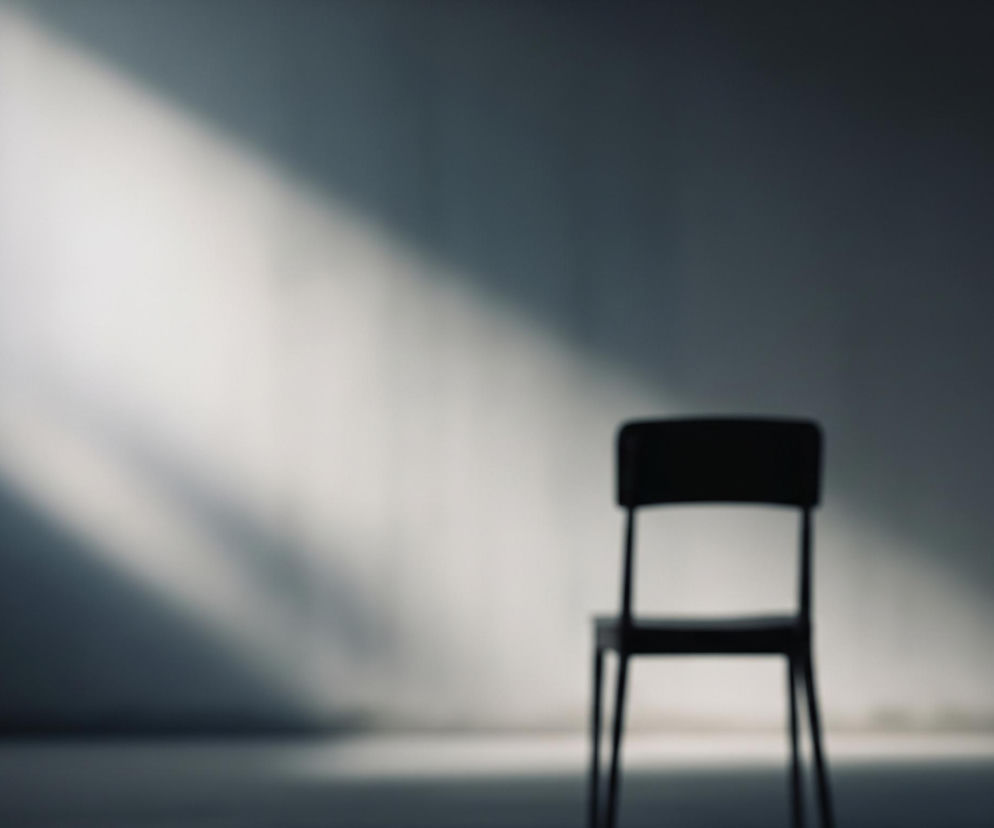 Czarne krzesło stoi na środku pustego, rozmytego pomieszczenia, zwrócone tyłem do obserwatora. Światło wpada z lewej strony, tworząc jasną, ukośną plamę na szarej ścianie i podłodze, podczas gdy reszta przestrzeni pozostaje w cieniu. Minimalistyczny obraz koncentruje się na samotnym krześle, podkreślając grę światła i cienia.