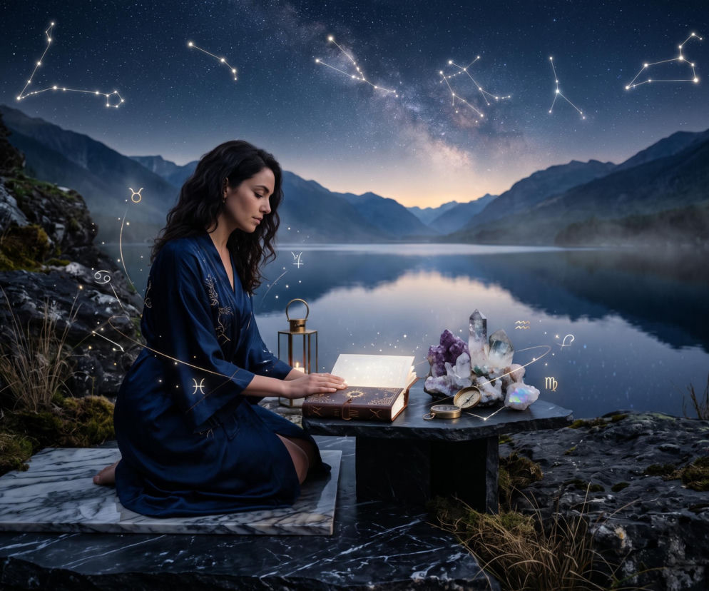 Kobieta czytająca księgę nad jeziorem w otoczeniu symboli zodiaku. O horoskopie dziennym przeczytasz na SE.