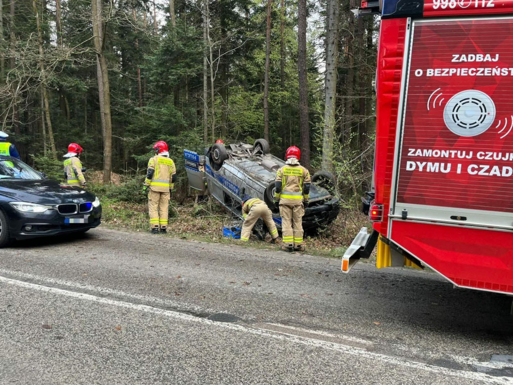 Dachowanie oznakowanego radiowozu na trasie. Policjant chciał uniknąć zderzenia z sarną