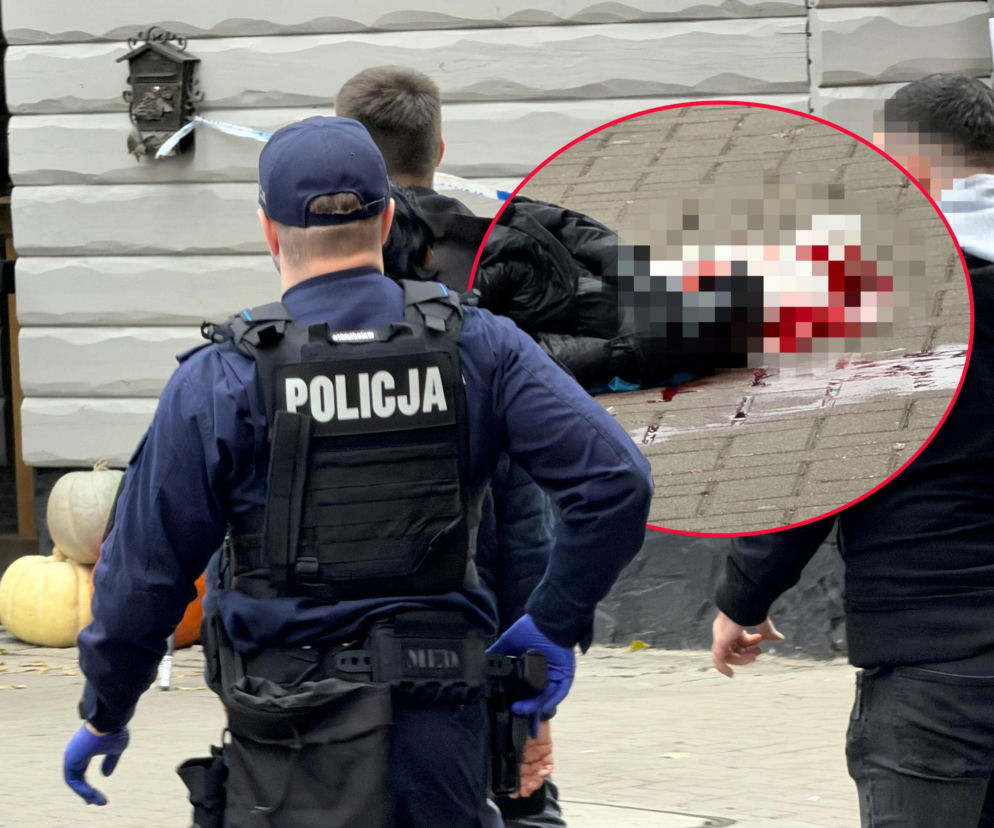 Policjant na miejscu ataku. Na miniaturze zakrwawiona ofiara na chodniku. O obławie w Warszawie czytaj w Eska Warszawa.