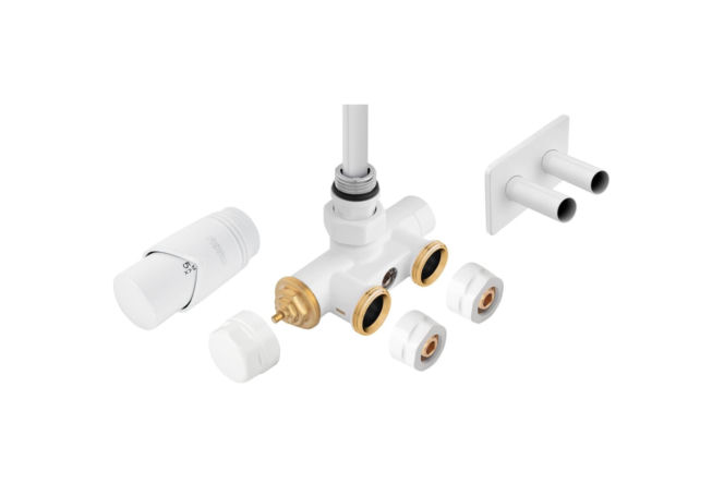 Dekoracyjny zestaw termostatyczny z nastawą wstępną, tuleją zanurzeniową i głowicą termostatyczną