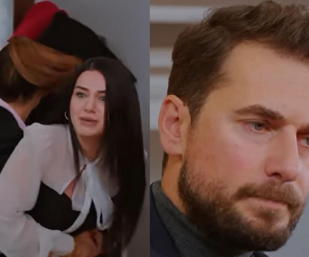 Kadr z tureckiego serialu Miłość i nadzieja. Widzimy Bahar, która płacze, trzymając się za brzuch i stoi przy mężczyźnie w czarnej marynarce, prawdopodobnie Kuzeyu. Drugie ujęcie to zbliżenie na twarz Kuzeya z brodą, który patrzy w dół, z zamyśloną miną. Na Super Seriale można przeczytać streszczenia odcinków.