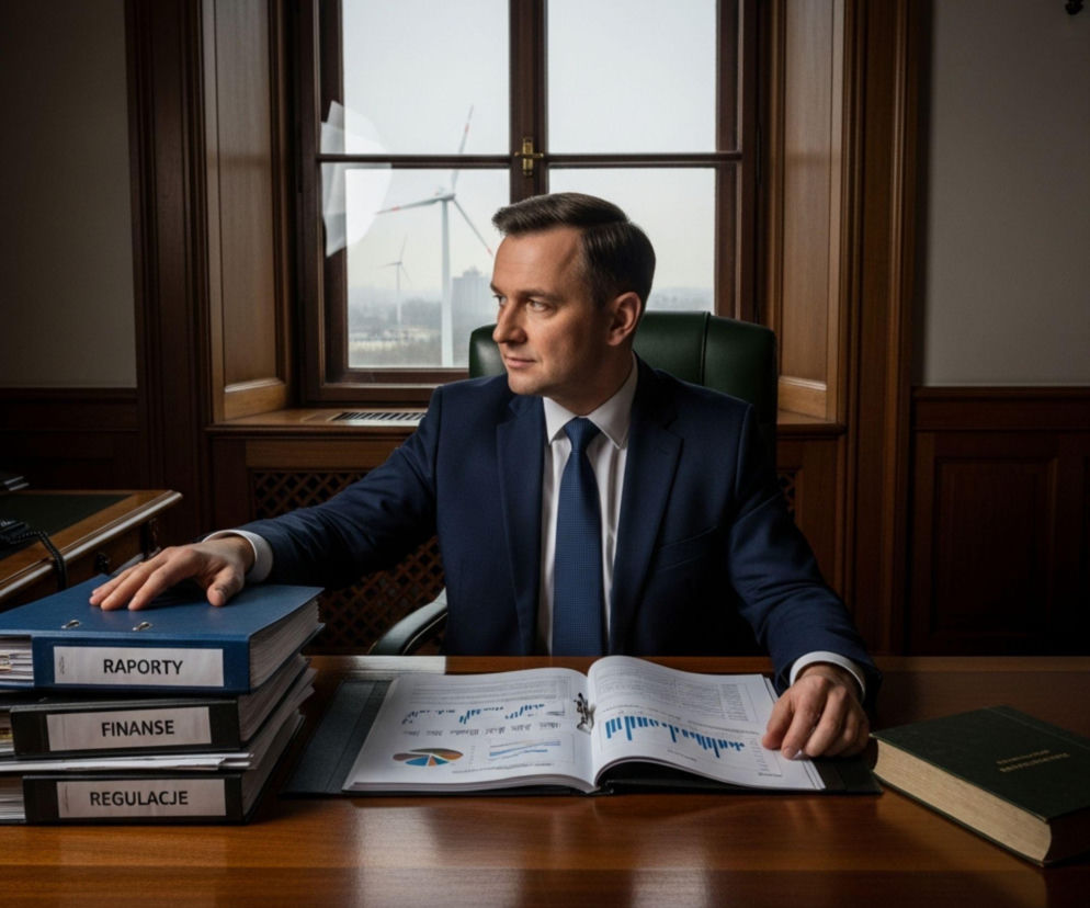 Mężczyzna w garniturze przy biurku z otwartym raportem i segregatorami Raporty, Finanse, Regulacje. W tle, za oknem, widać turbiny wiatrowe. Kontekst zielonych finansów i energii, o którym przeczytasz na Super Biznes.