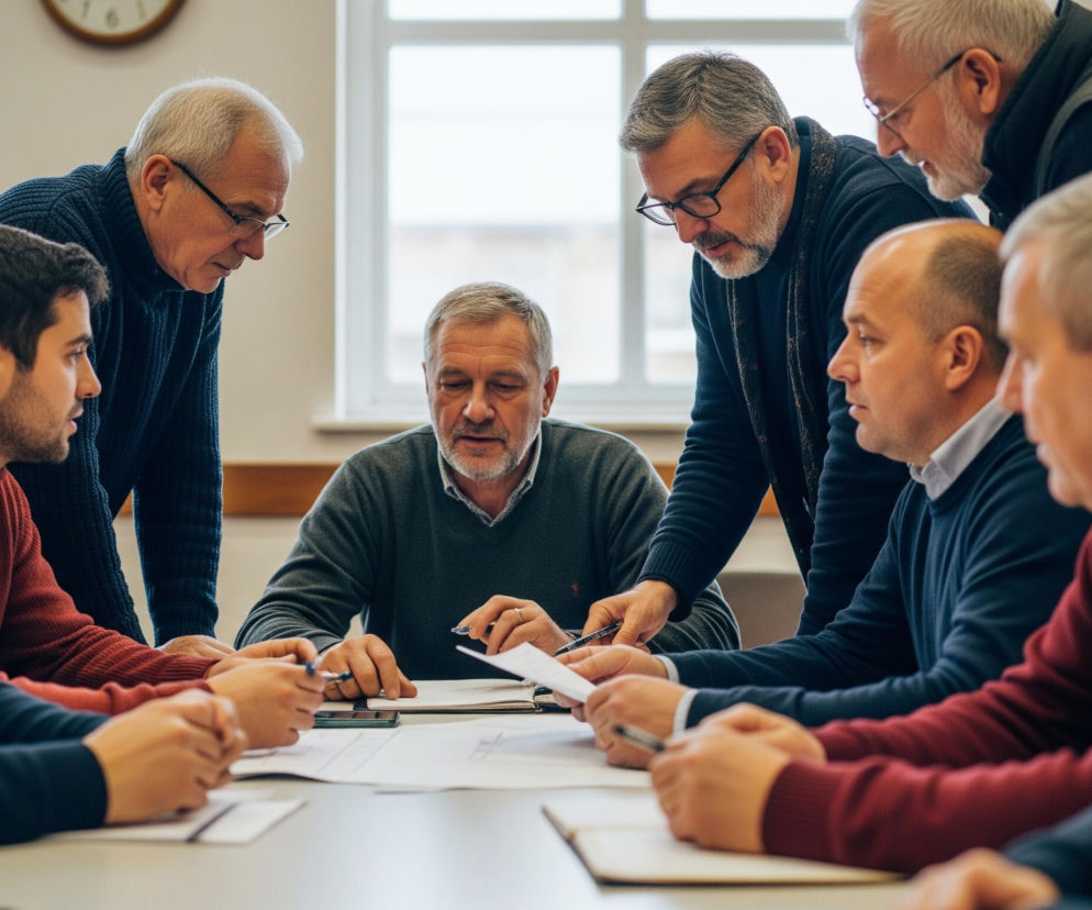 Grupa siedmiu mężczyzn zebrała się wokół jasnego stołu, angażując się w spotkanie lub dyskusję. Centralna postać, starszy mężczyzna z szarą brodą i w szarym swetrze, siedzi za stołem i trzyma długopis, spoglądając w dół na papiery. Po jego lewej stronie, bliżej obserwatora, siedzą dwaj młodsi mężczyźni w granatowych i bordowych golfach, natomiast po jego prawej stronie siedzą dwaj inni mężczyźni, również w golfach, granatowym i bordowym. Dwaj pozostali mężczyźni, starsi, z siwymi włosami i okularami, stoją pochyleni nad stołem, jeden w granatowym swetrze po lewej stronie centralnej postaci, a drugi w ciemnej kamizelce po prawej. Na stole leżą otwarte zeszyty, pojedyncze kartki papieru z rysunkami technicznymi lub planami, oraz smartfon. W tle widać białą ścianę z dużym prostokątnym oknem pośrodku oraz drewniany zegar na ścianie po lewej stronie.