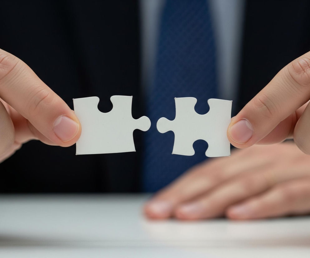 Dwie dłonie, z jasną skórą, trzymają dwie białe, identyczne części układanki na wysokości klatki piersiowej. Lewa dłoń utrzymuje element z wypustkami po prawej stronie, natomiast prawa dłoń trzyma element z zagłębieniami po lewej stronie, skierowanymi ku sobie, z niewielkim prześwitem między nimi. W tle widoczny jest tors osoby ubranej w ciemny garnitur i granatowy krawat w prążki, a także fragment jasnego blatu stołu.