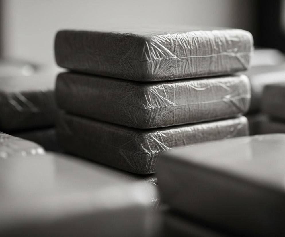 Na pierwszym planie, centralnie, widać stos trzech prostokątnych pakietów ułożonych jeden na drugim. Każdy pakiet owinięty jest przezroczystą folią, która marszczy się na rogach i bokach, a pod nią widoczny jest ciemnoszary, granularny materiał. Pozostałe pakiety są rozrzucone wokół, częściowo poza ostrością, tworząc tło rozmytych form. Cała scena utrzymana jest w monochromatycznej palecie szarości.