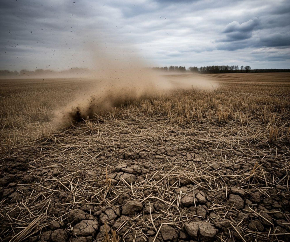 Suche, popękane pole orne z resztkami pożniwnymi i unoszącym się pyłem glebowym podczas silnego wiatru, symbolizujące problem erozji wietrznej. Ochrona przed nią to ważny temat na Super Biznes.