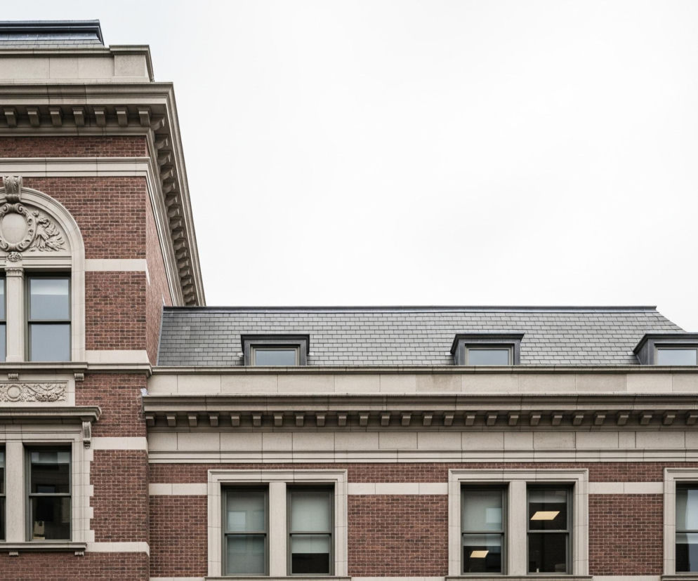 Lewa część obrazu przedstawia fragment zabytkowej kamienicy z cegły w odcieniach czerwieni i brązu, ozdobionej jasnobeżowymi gzymsami i detalami architektonicznymi. Okna mają ciemne ramy, a nad jednym z nich widoczny jest bogato zdobiony archiwolt z motywami roślinnymi. Prawa część ukazuje ciemnoszary dach mansardowy pokryty dachówką łupkową, z trzema lukarnami wystającymi z jego płaszczyzny, a także jasnobeżowy gzyms zdobiony wspornikami. Górna część obrazu to jasne, bezchmurne niebo.