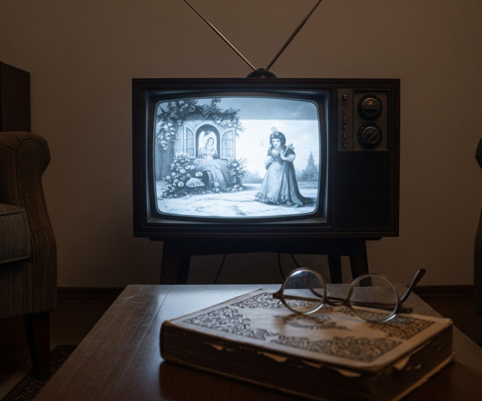 W centrum kadru znajduje się stary telewizor kineskopowy z wystającymi antenami, wyświetlający czarno-białą grafikę przedstawiającą kobietę w długiej sukni stojącą na zewnątrz obok korzenia drzewa z oknem, z którego wychyla się inna postać. Przed telewizorem stoi drewniany stolik kawowy, na którym leży otwarta, ozdobna książka z okularami w okrągłych oprawkach. Po obu stronach stolika widoczne są fragmenty ciemnych, tapicerowanych foteli. Pomieszczenie jest słabo oświetlone, co podkreśla blask ekranu telewizora i tworzy kontrast z ciemnymi meblami.