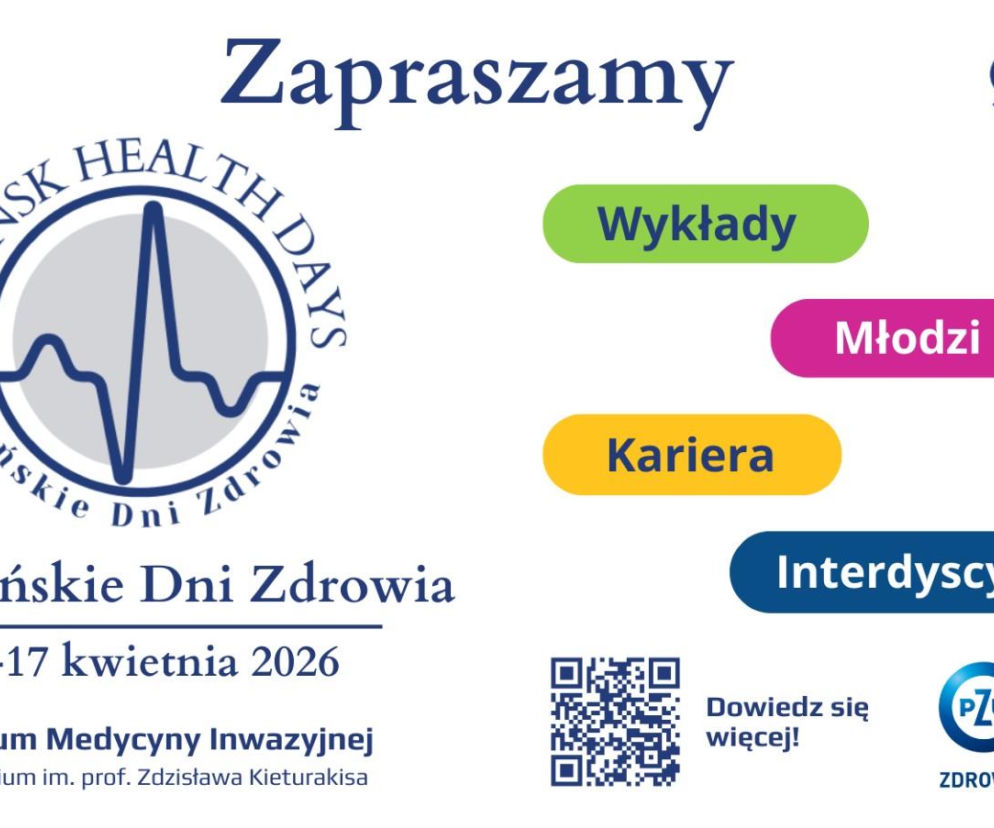 Plakat promujący VI Gdańskie Dni Zdrowia 2026, z logo wydarzenia przedstawiającym zapis EKG serca, datą 16-17 kwietnia oraz lokalizacją – Centrum Medycyny Inwazyjnej. Informuje o wykładach, karierze, młodych naukowcach i interdyscyplinarności, o czym można przeczytać więcej na Poradnik Zdrowie. Zawiera QR kod i loga partnerów.