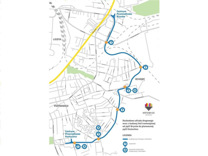 Mapa planowanej trasy tramwajowej na południe Katowic