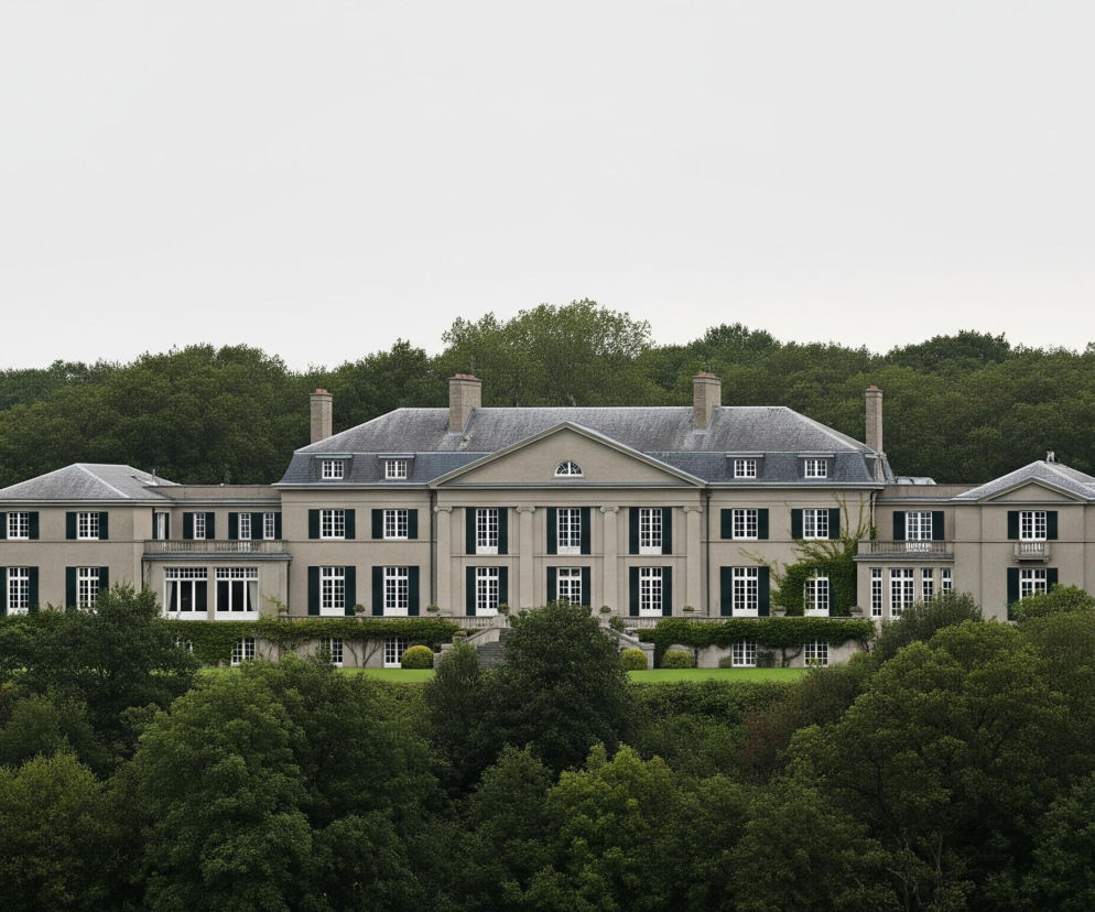 Duży, beżowy budynek z szarym, spadzistym dachem dominuje w centralnej części kadru, otoczony gęstym lasem o ciemnozielonych liściach, z jasnym, jednolitym niebem powyżej. Budynek posiada liczne białe okna z ciemnozielonymi, zamkniętymi okiennicami, a jego fasada ozdobiona jest symetrycznie rozmieszczonymi kolumnami i elementami architektonicznymi. Nad dachem wznoszą się ceglane kominy, a gdzieniegdzie na ścianach widoczne są pnącza. Budynek jest częściowo ukryty za koronami drzew, które otaczają go ze wszystkich stron, tworząc wrażenie odosobnienia.