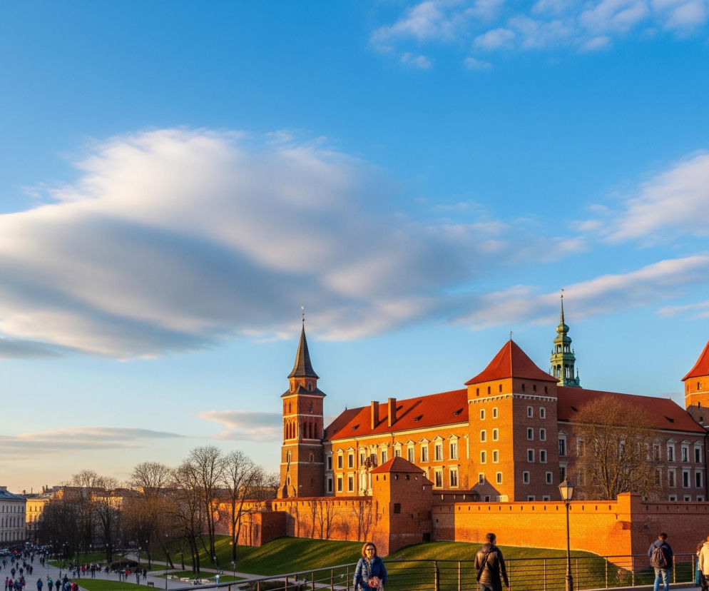 Rozległy kompleks zamkowy zbudowany z czerwonej cegły dominuje centrum obrazu, z dwiema głównymi wieżami o spiczastych dachach oraz jedną zieloną, kopulastą wieżą widoczną w tle. Zamek otoczony jest wysokimi murami obronnymi, za którymi widać zielone trawniki oraz nagie drzewa, sugerujące późną jesień lub zimę. W lewej dolnej części obrazu widoczny jest chodnik, na którym porusza się wielu ludzi, w tym kobieta w niebieskiej kurtce i mężczyzna w czarnej, idący w kierunku zamku. Górna część zdjęcia przedstawia błękitne niebo z rozproszonymi, białymi chmurami, a po lewej stronie, za zamkiem, widać fragment miejskiej zabudowy z budynkami o jasnych elewacjach. Cała scena jest skąpana w ciepłym, złotym świetle zachodzącego słońca, które podkreśla ceglane fasady zamku.