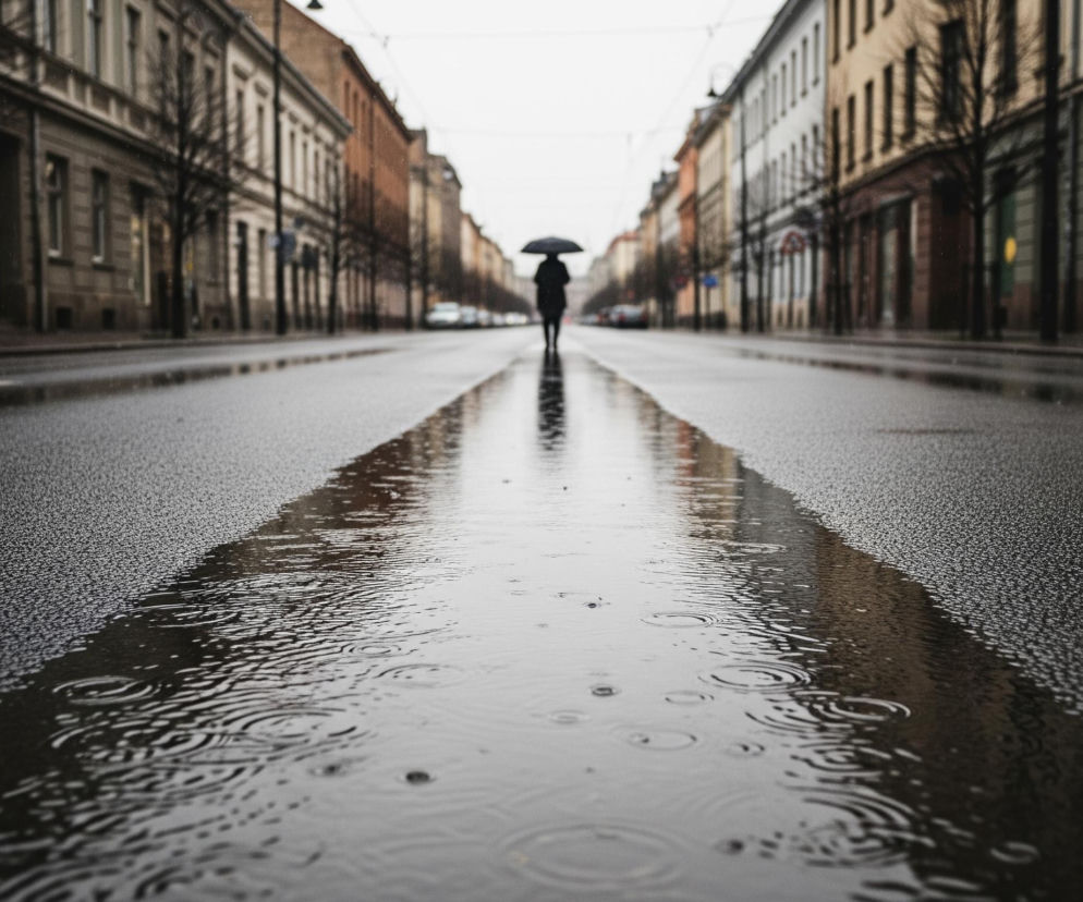 Osoba z czarnym parasolem idzie w oddali po mokrej, asfaltowej ulicy, zajmując centralne miejsce na perspektywicznym zdjęciu. Ulica, odbijająca światło, rozciąga się w głąb obrazu, a po obu jej stronach widać długie rzędy budynków miejskich o różnobarwnych fasadach i gołe drzewa. Na pierwszym planie, w dolnej części obrazu, widoczne są kałuże i kręgi na wodzie, świadczące o trwającym lub niedawno zakończonym deszczu, nadając scenie melancholijny nastrój.