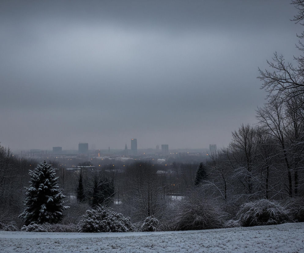 W oddali, za ośnieżonym lasem, widoczne jest miasto z licznymi budynkami, w tym wieżowcami, pod szarym, zachmurzonym niebem. Na pierwszym planie znajduje się ośnieżony pagórek, a wzdłuż dolnej części kadru rośnie las iglasty i liściasty, pokryty warstwą śniegu. Niektóre gałęzie drzew liściastych są nagie, inne z krzewami mają na sobie biały puch. W tle, na horyzoncie, rozświetlają się pojedyncze, pomarańczowe światła miejskie.