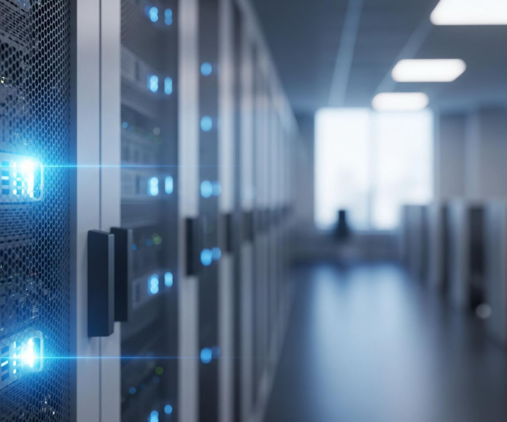 Lewą część kadru zajmuje fragment szafy serwerowej z perforowaną powierzchnią, w której widoczne są intensywnie niebieskie światła i smugi światła, biegnące poziomo. W tle rozciąga się rządek kolejnych, podobnych szaf serwerowych, również z widocznymi niebieskimi punktami świetlnymi, stwarzającymi efekt głębi. Prawa strona obrazu przedstawia rozmyte tło z jasnymi prostokątnymi oknami lub świetlikami oraz sufitem z kwadratowymi lampami.