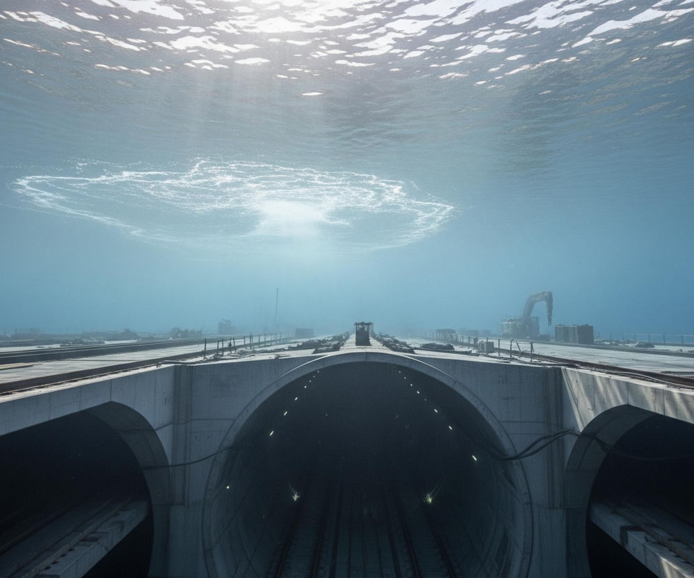 Betonowa konstrukcja, przypominająca most lub podwodny tunel, dominuje w dolnej części kadru, z dwoma ciemnymi, łukowatymi wejściami do tuneli biegnącymi w głąb. Na górze tej konstrukcji widać liczne tory kolejowe oraz porozrzucane materiały budowlane, a w oddali majaczą zarysy sprzętu ciężkiego i dźwigu. Górna część obrazu to błękitna, lekko zmętniona woda z rozproszonym światłem słonecznym wpadającym z góry, tworzącym jaśniejsze plamy i odbicia na powierzchni, szczególnie intensywne w górnej części kadru. Z wejść do tuneli wybiegają w kierunku widza metalowe szyny kolejowe, a wewnątrz jednego z tuneli widoczne są pojedyncze, świecące punkty.