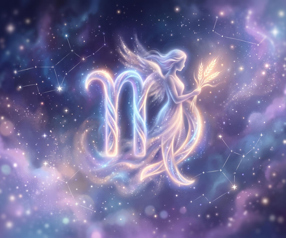 Świetlista postać kobiety z kłosami zboża i symbol znaku zodiaku Panna na tle kosmosu. Horoskop Panny sprawdzisz w Eska.