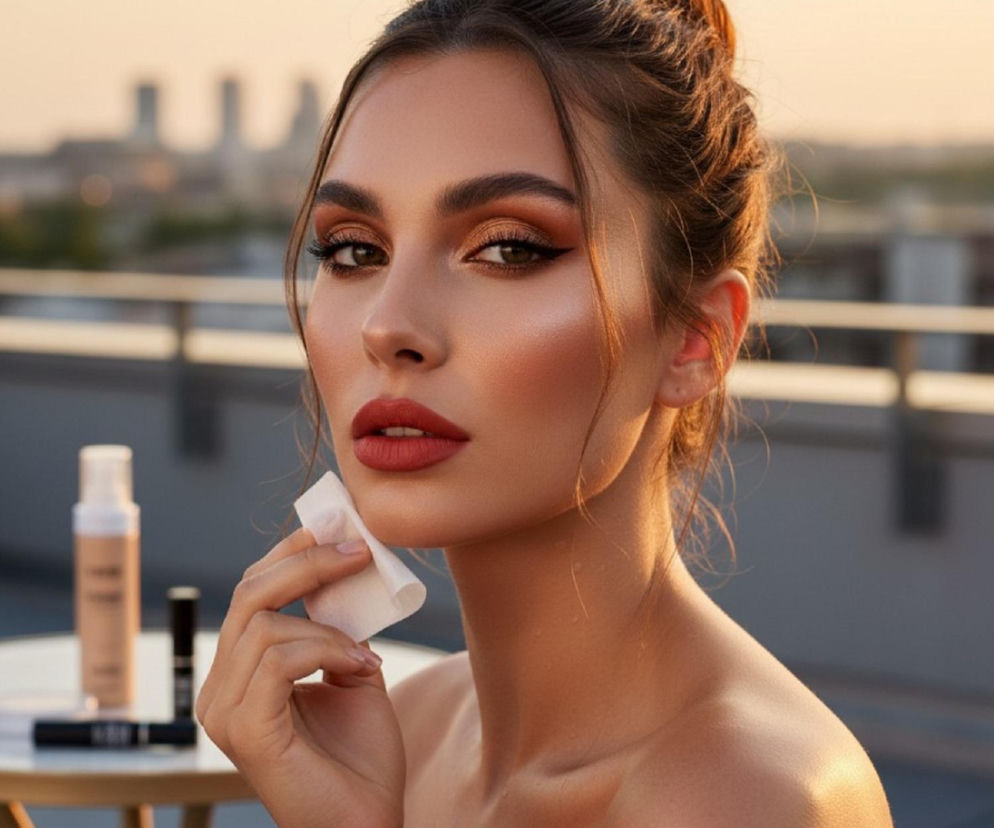 Kobieta z makijażem smokey eyes i czerwonymi ustami używa bibułki matującej. O letnim makijażu przeczytasz na SE.