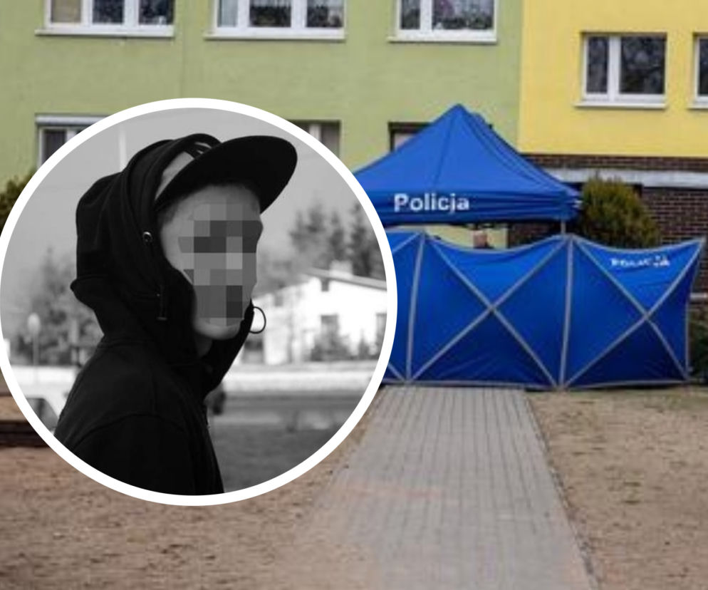 Niebieski namiot policyjny przed blokiem. Na miniaturze czarno-białe zdjęcie 21-letniego Adama. O sprawie Adama czytaj w SE.