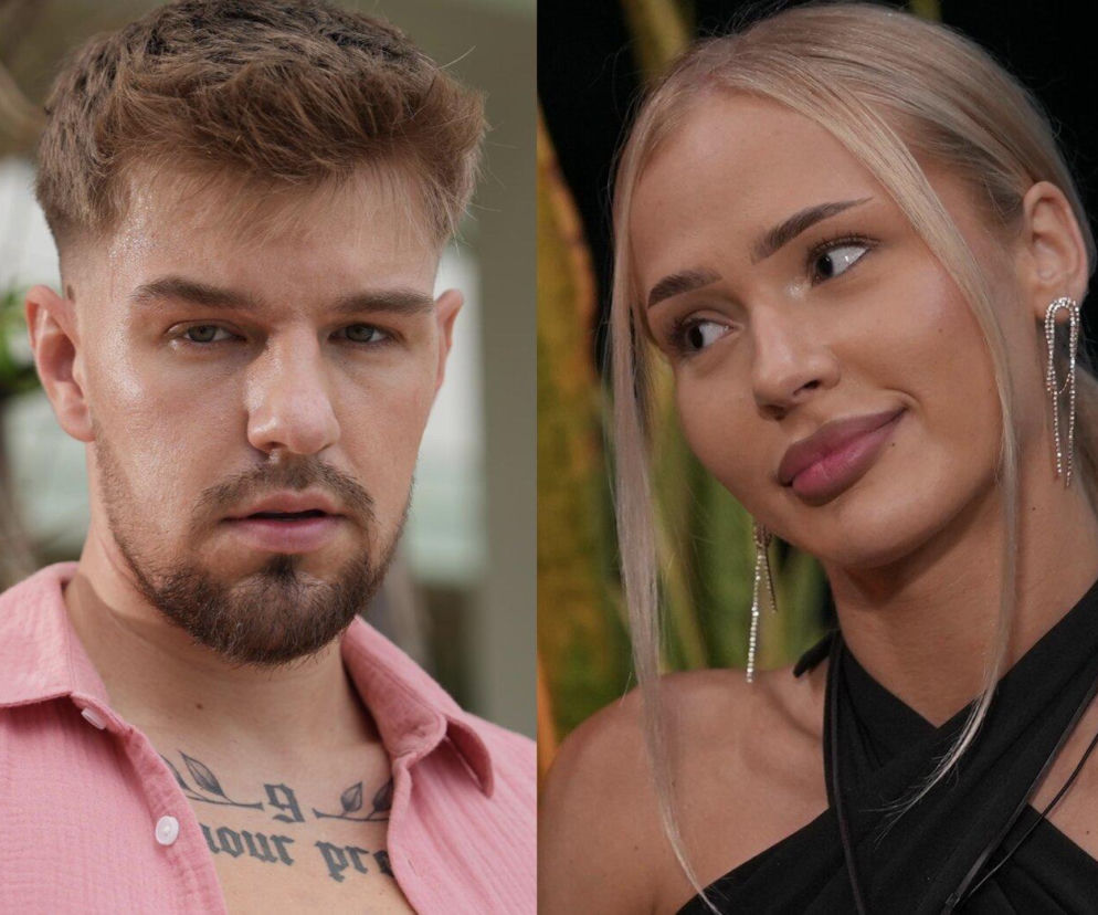 Zestawienie portretów Darka w różowej koszuli z tatuażem na klatce piersiowej i Oliwki z blond włosami w czarnej sukience, kolczykach, oboje z programu Hotel Paradise, generuje burzę spekulacji na Super Seriale.