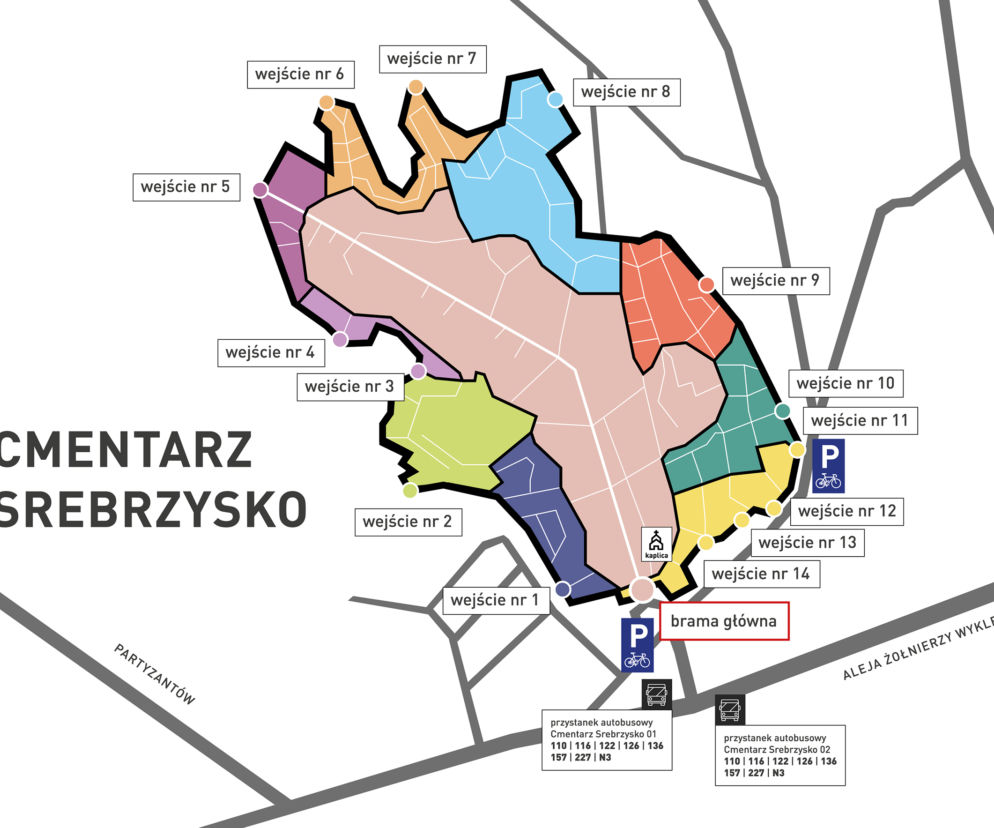 Na cmentarz Srebrzysko można wejść jednym z 15 wejść