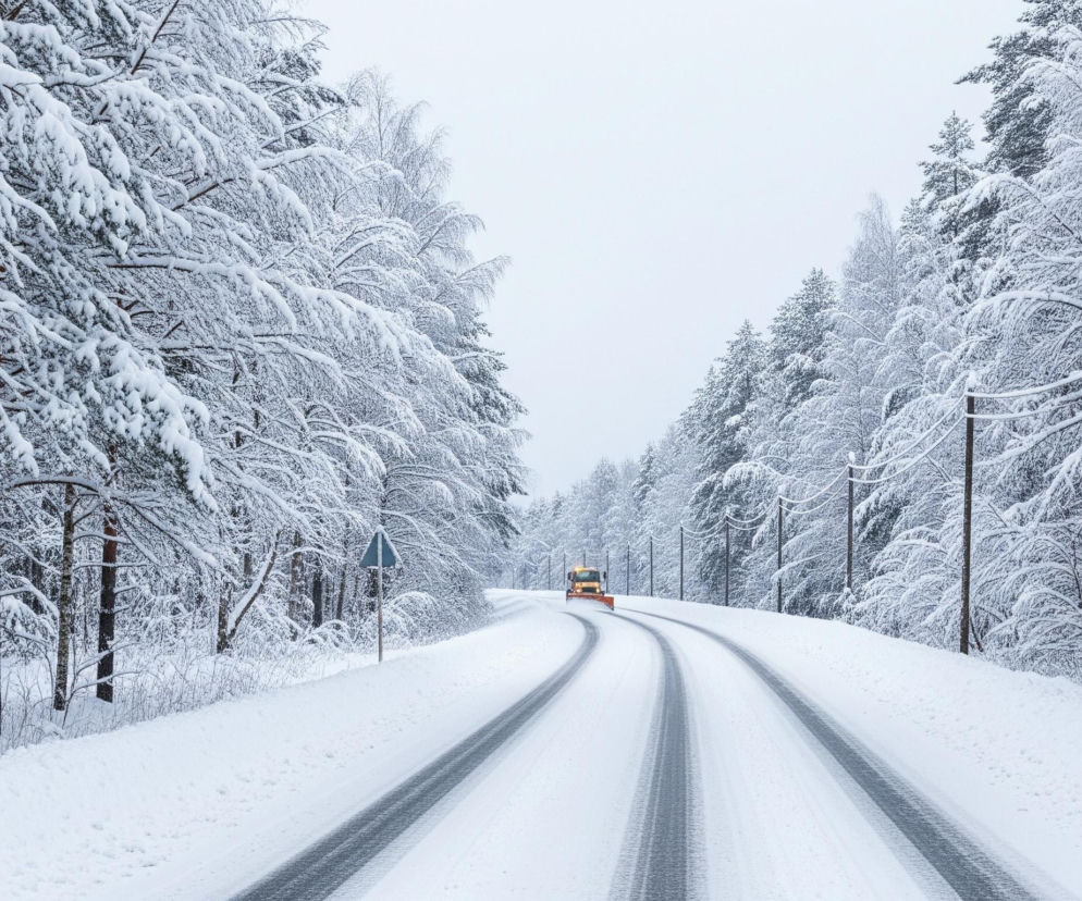 Zimowy krajobraz przedstawia zaśnieżoną drogę wijącą się przez las, z żółtą ciężarówką z pługiem śnieżnym zbliżającą się z oddali. Grube warstwy białego śniegu pokrywają drzewa i ziemię, tworząc monochromatyczny obraz z ciemnymi pniami drzew i odsłoniętym asfaltem jezdni. Na poboczu drogi, po lewej stronie, widoczny jest niebieski znak drogowy, a wzdłuż prawego pobocza biegnie rząd słupów elektrycznych.