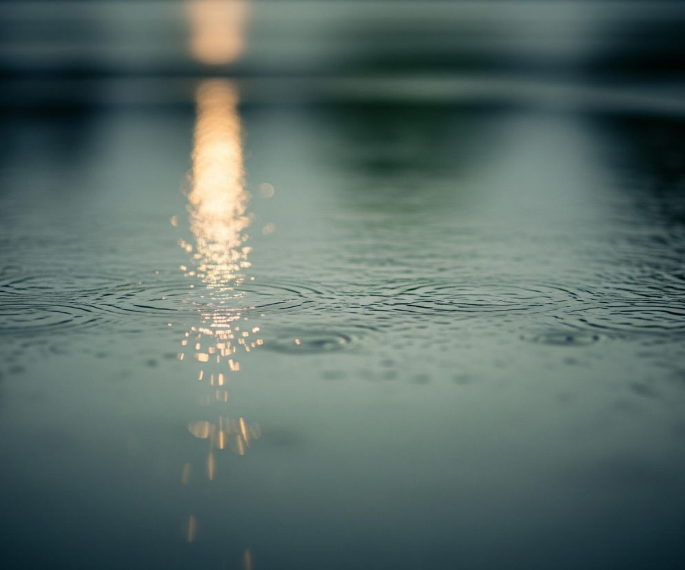 Na zdjęciu widoczna jest powierzchnia wody, na której tworzą się drobne, koncentryczne fale i kręgi, a na niej odbija się rozmyte, pionowe pasmo światła o ciepłej, żółto-pomarańczowej barwie. Pasmo to składa się z wielu małych, jasnych punktów i smug, rozświetlających ciemną, zielonkawą taflę. Woda jest ciemna, niemal czarna w górnej części kadru, przechodząc stopniowo w jaśniejsze odcienie zieleni i błękitu ku dołowi, z widocznymi refleksami światła w prawym dolnym rogu. Całość jest płytka, tworząc dynamiczny, ale spokojny obraz.