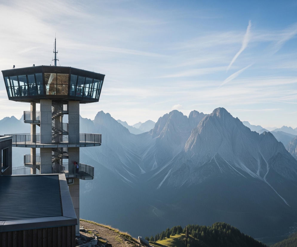 Po lewej stronie kadru dominuje nowoczesna wieża widokowa z przeszkloną kopułą, umiejscowiona na szczycie góry. Wieża posiada zewnętrzne spiralne schody i balkony z metalowymi barierkami, prowadzące do przeszklonego, ośmiokątnego punktu widokowego, w którym widać sylwetki ludzi. Obok wieży znajduje się budynek z ciemnego drewna i ciemnym blaszanym dachem. W tle rozciąga się rozległy, górski krajobraz z licznymi szczytami o szarych i niebieskawych odcieniach, z dolinami pokrytymi lasami. Jasne, błękitne niebo z kilkoma smugami chmur i wyraźnymi białymi smugami kondensacyjnymi odrzutowców stanowi tło dla sceny.