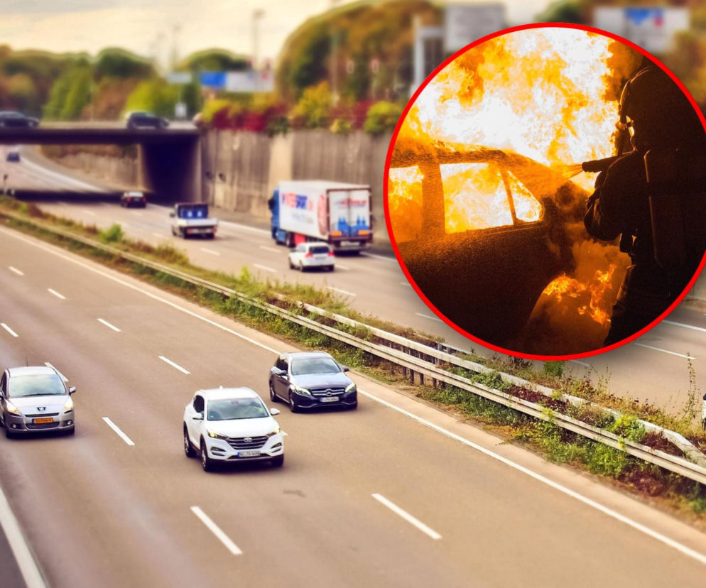 Autostrada z jadącymi autami. Na miniaturze strażak gaszący płonący samochód. O wypadku Polaka w Berlinie przeczytasz na SE.