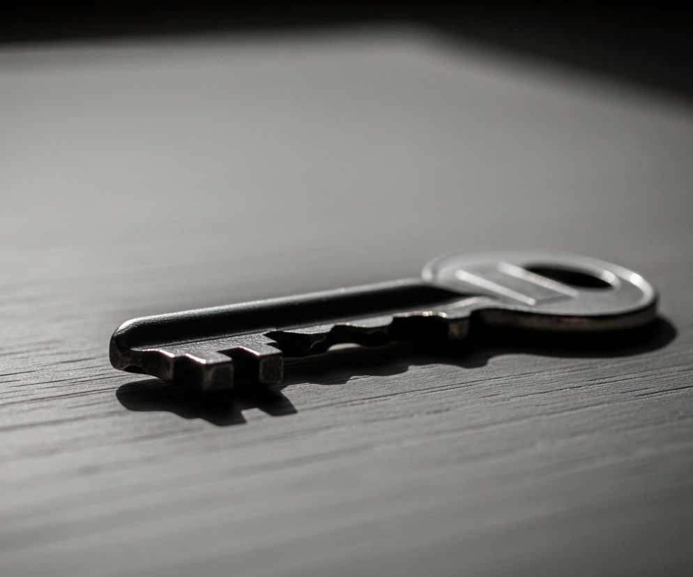 Metalowy klucz leży na ciemnoszarej, teksturowanej powierzchni, prawdopodobnie drewnie, z widocznymi poziomymi słojami. Klucz jest w srebrno-czarnych odcieniach, z jasnymi refleksami światła na krawędziach i ciemnymi cieniami pod nim, rzucanymi na powierzchnię. Oświetlenie pada z lewej strony, tworząc kontrast między jasno oświetlonym fragmentem powierzchni w środku a ciemniejszymi obszarami na górze i dole.