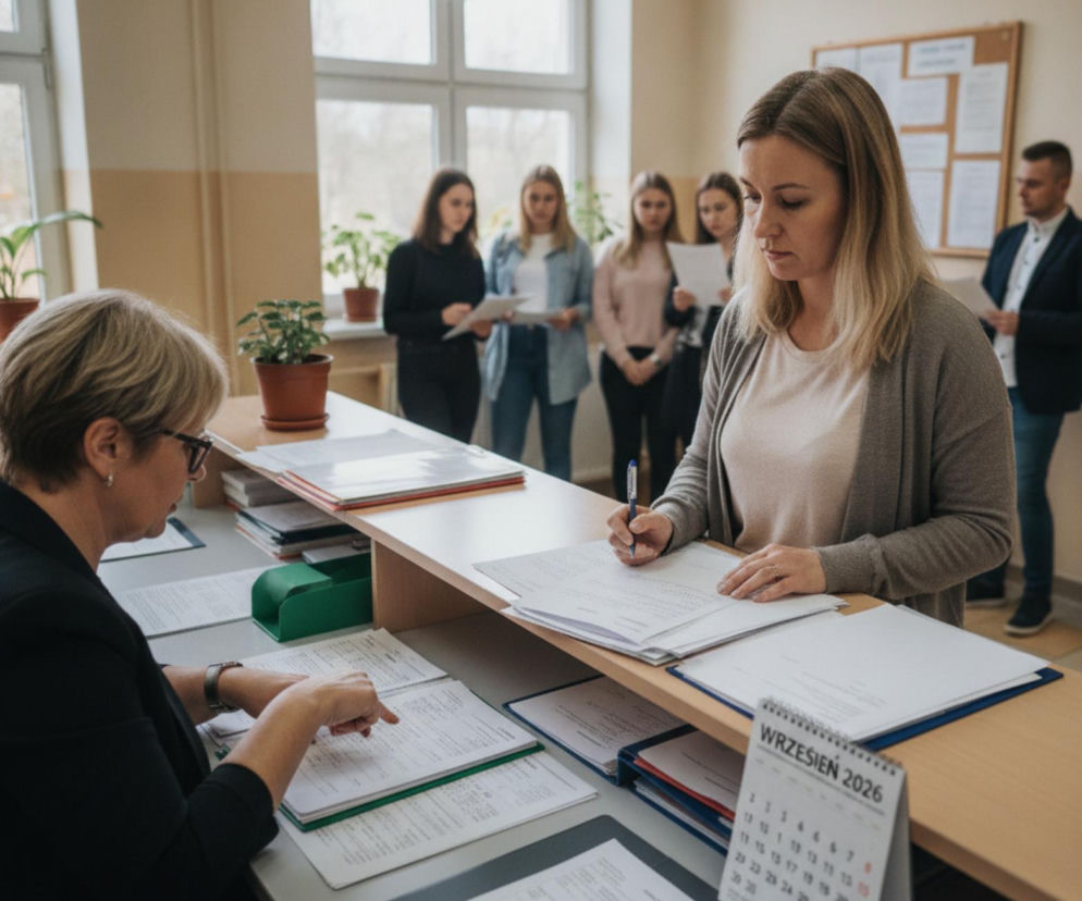 Kobieta podpisuje dokumenty przy okienku w urzędzie. Obok kalendarz z napisem wrzesień. O formalnościach dowiesz się z Demo.