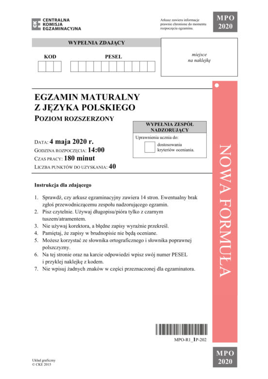 Matura 2020 ARKUSZE CKE z języka polskiego POZIOM ROZSZERZONY [8.06.2020