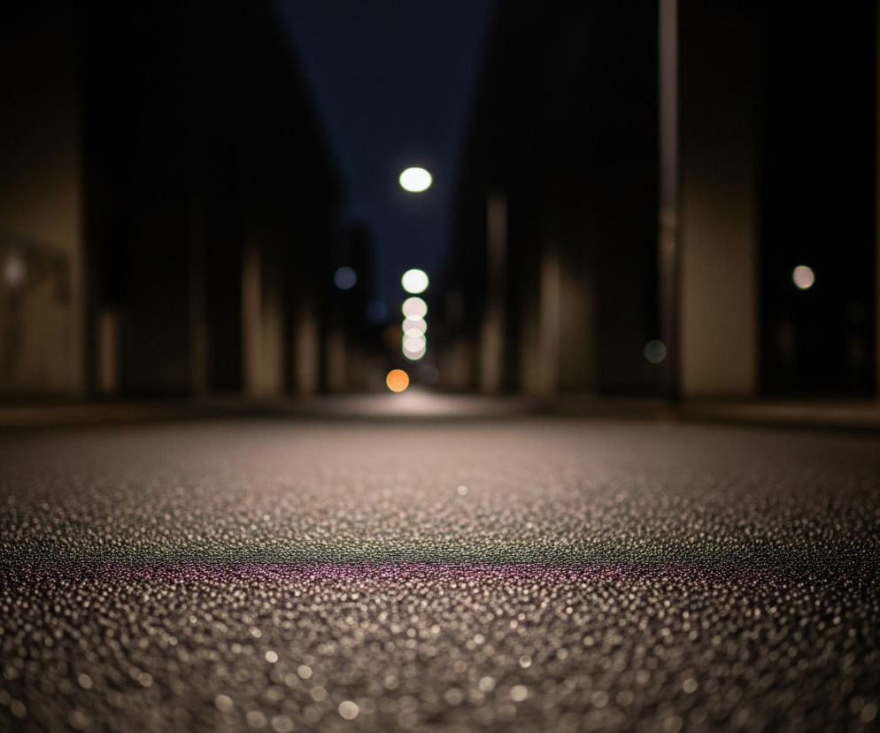 Asfaltowa nawierzchnia ulicy, widoczna w pierwszym planie, pokryta jest drobnymi kropelkami wody, które odbijają światło, tworząc efekt brokatu, z delikatnym, fioletowym zabarwieniem pośrodku. Ulica rozciąga się w głąb ciemnego kadru, tworząc perspektywę znikającego punktu. W tle, wzdłuż ulicy, widać szereg jasnych, okrągłych świateł, które stają się coraz mniejsze i bardziej rozmyte w oddali, z dominującym pomarańczowym światłem na końcu. Po obu stronach ulicy wznoszą się ciemne, niewyraźne sylwetki budynków.