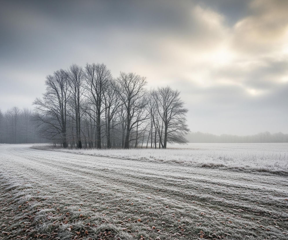 Pole pokryte szronem dominuje dolną część kadru, rozciągając się w kierunku od lewej do prawej, z delikatnymi brązowymi liśćmi rozrzuconymi wśród białych źdźbeł trawy. W centralnej części obrazu, na horyzoncie, widoczny jest zagajnik drzew liściastych pozbawionych liści, otoczonych szarym, mglistym tłem. Niebo powyżej jest burzowe, z ciemniejszymi chmurami po lewej stronie i jaśniejszym, złocistym blaskiem przebijającym się przez obłoki po prawej stronie.