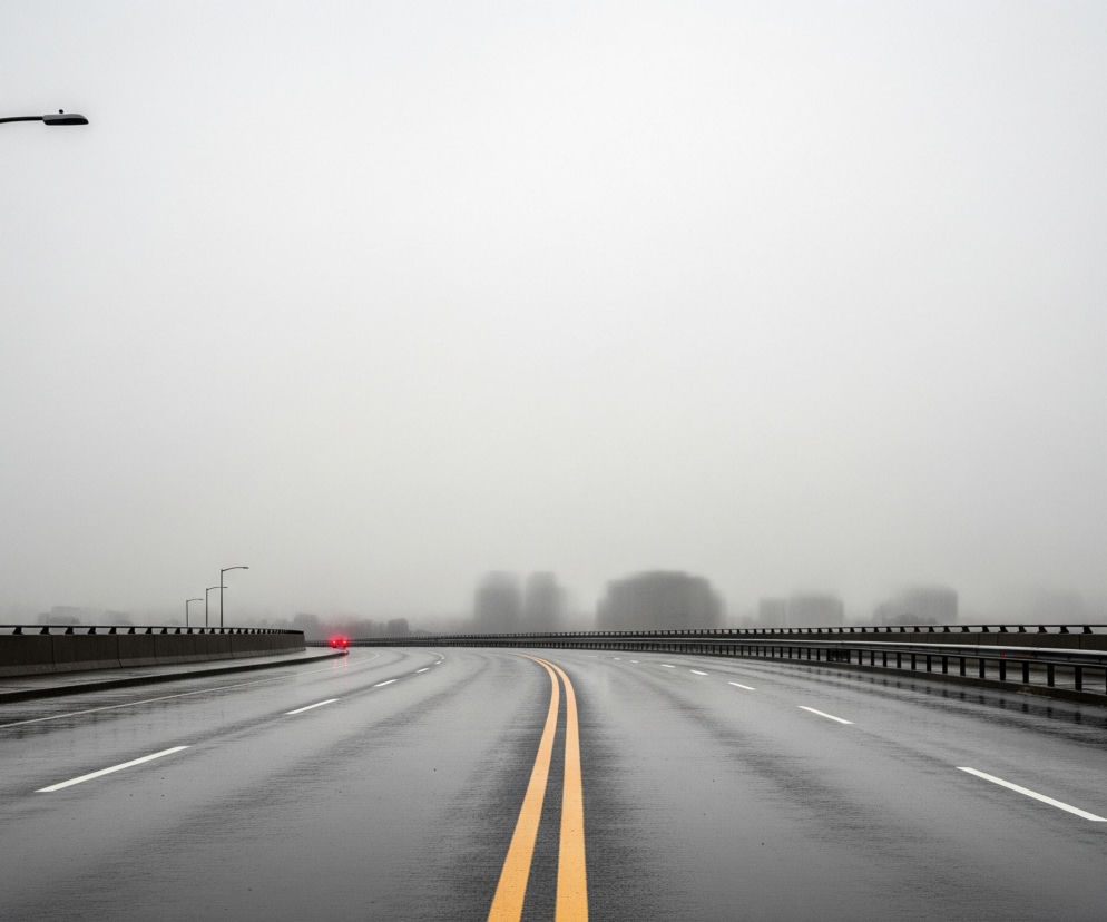 Droga biegnie prosto, a następnie łagodnie zakręca w prawo, z mokrą nawierzchnią odbijającą światło. Na środku jezdni widoczne są dwie ciągłe, żółte linie, natomiast po obu stronach drogi znajdują się przerywane, białe linie wyznaczające pasy ruchu. Po lewej stronie widać czarną latarnię uliczną, stojącą na tle szarego, mglistego nieba, a za nią biegnie betonowa bariera z metalową poręczą. W oddali, w prawym górnym rogu obrazu, majaczą niewyraźne zarysy budynków, przesłonięte gęstą mgłą, a w zakręcie drogi po lewej stronie świeci intensywnie czerwone światło.