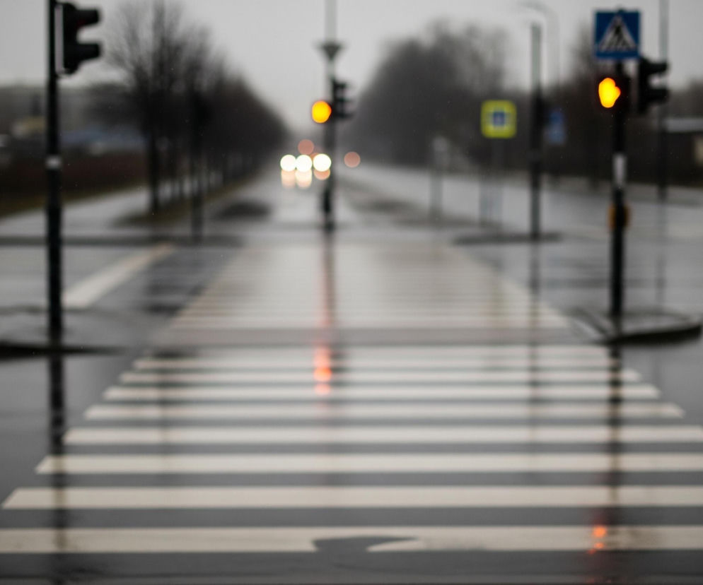Na pierwszym planie widoczne jest mokre, asfaltowe przejście dla pieszych w formie białych pasów, które odbija pomarańczowe światło sygnalizatora oraz białe światła nadjeżdżających pojazdów. Droga i otoczenie są rozmyte, z wyjątkiem pierwszego planu. W oddali, po lewej stronie drogi, widać rząd drzew bez liści, a dalej budynki z niewyraźnymi czerwonymi fasadami, podczas gdy po prawej stronie drogi stoją słupy z lampami ulicznymi. Niebo jest szare i zachmurzone, a ogólna kolorystyka obrazu jest utrzymana w ciemnych, deszczowych odcieniach.
