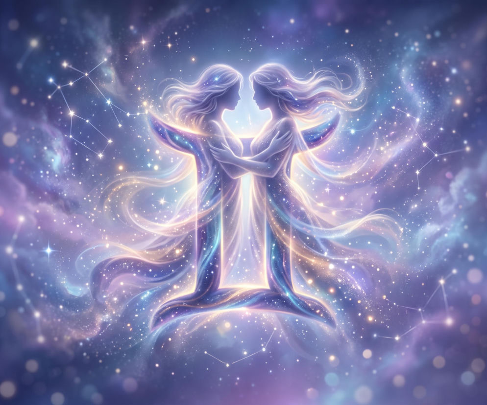 Dwie świetliste postaci kobiet na tle kosmosu. O horoskopie dla zodiakalnych Bliźniąt przeczytasz w serwisie Eska.