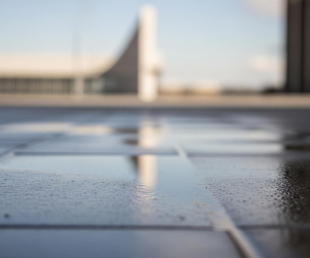 Na pierwszym planie widoczna jest mokra, szara nawierzchnia z kwadratowych płyt, pokryta licznymi drobnymi kroplami wody, tworzącymi wyraźną teksturę. Płyty odbijają rozmyte światło i elementy tła, z czego najbardziej wyróżnia się wydłużone, pionowe odbicie białej konstrukcji architektonicznej, dominującej w centralnej części tła. Tło, rozmyte i nieostre, przedstawia jasne, błękitne niebo przechodzące w jaśniejszy horyzont, nad którym widać rozmazane budynki w jasnych i ciemnych odcieniach, w tym jeden z pionowymi elementami.