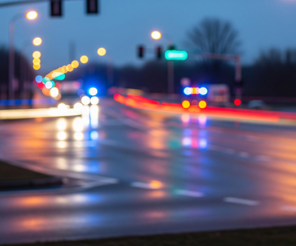 Uliczne światła rozświetlają miejski krajobraz nocą, z długimi smugami świateł pojazdów na mokrej, ciemnej jezdni. Pomarańczowe, czerwone i niebieskie refleksy odbijają się od mokrego asfaltu, tworząc kolorowe plamy. Na pierwszym planie widoczne są fragmenty zielonego trawnika, oddzielającego jezdnię. W oddali niewyraźnie zarysowują się drzewa i latarnie uliczne, a także sygnalizacja świetlna.