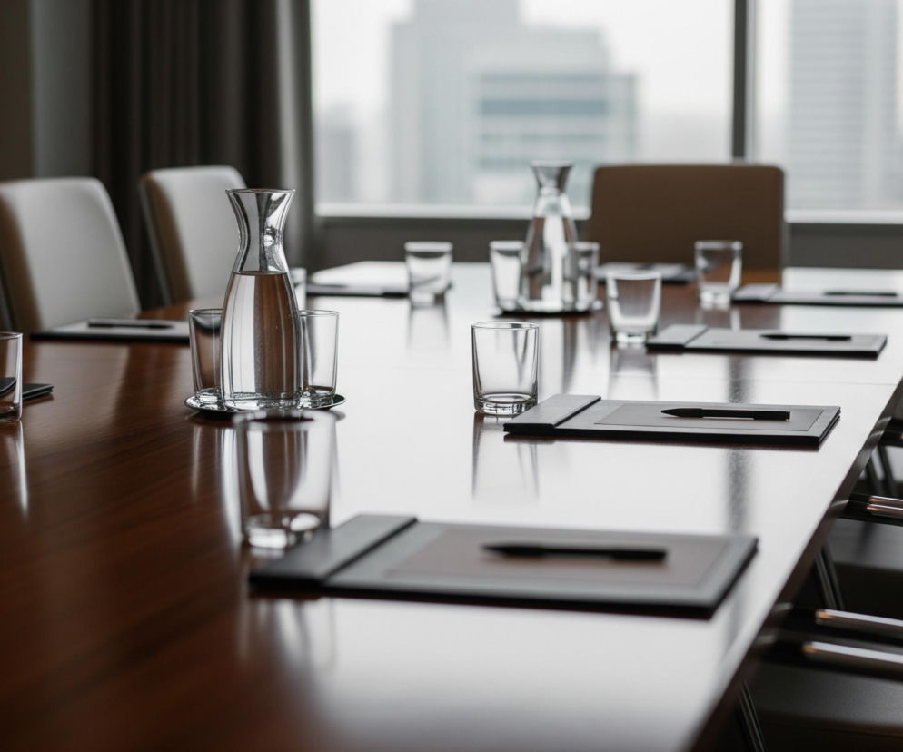 Centralnym elementem obrazu jest długi, lśniący, drewniany stół konferencyjny w kolorze ciemnego brązu, ustawiony w sali ze szklanymi oknami. Na stole rozmieszczone są szklane karafki z wodą i szklanki, a także czarne, prostokątne podkładki z białymi kartkami i czarnymi długopisami. Wokół stołu ustawione są beżowe krzesła z oparciami ze skóry lub tworzywa sztucznego. W tle widać miejski krajobraz z wysokimi budynkami, częściowo przysłonięty zasłonami w ciemnym kolorze.
