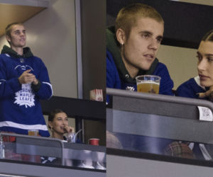Justin Bieber i Hailey Bieber na meczu hokeja