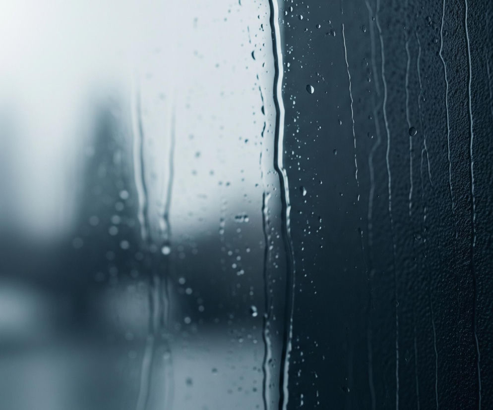 Przedni plan wypełnia szyba pokryta kroplami wody i smugami deszczu, które spływają w dół, tworząc pionowe linie. Prawa strona szyby jest ciemniejsza, natomiast lewa jaśniejsza, a pomiędzy nimi widoczna jest wyraźna, nieregularna pionowa smuga wody. Za szybą rozciąga się rozmyty krajobraz miejski w odcieniach szarości i błękitu, z niewyraźnymi zarysami budynków i, prawdopodobnie, mostu z łukowym przęsłem. Całość utrzymana jest w chłodnej palecie barw, od jasnej szarości w górnej lewej części do ciemnego granatu po prawej stronie.