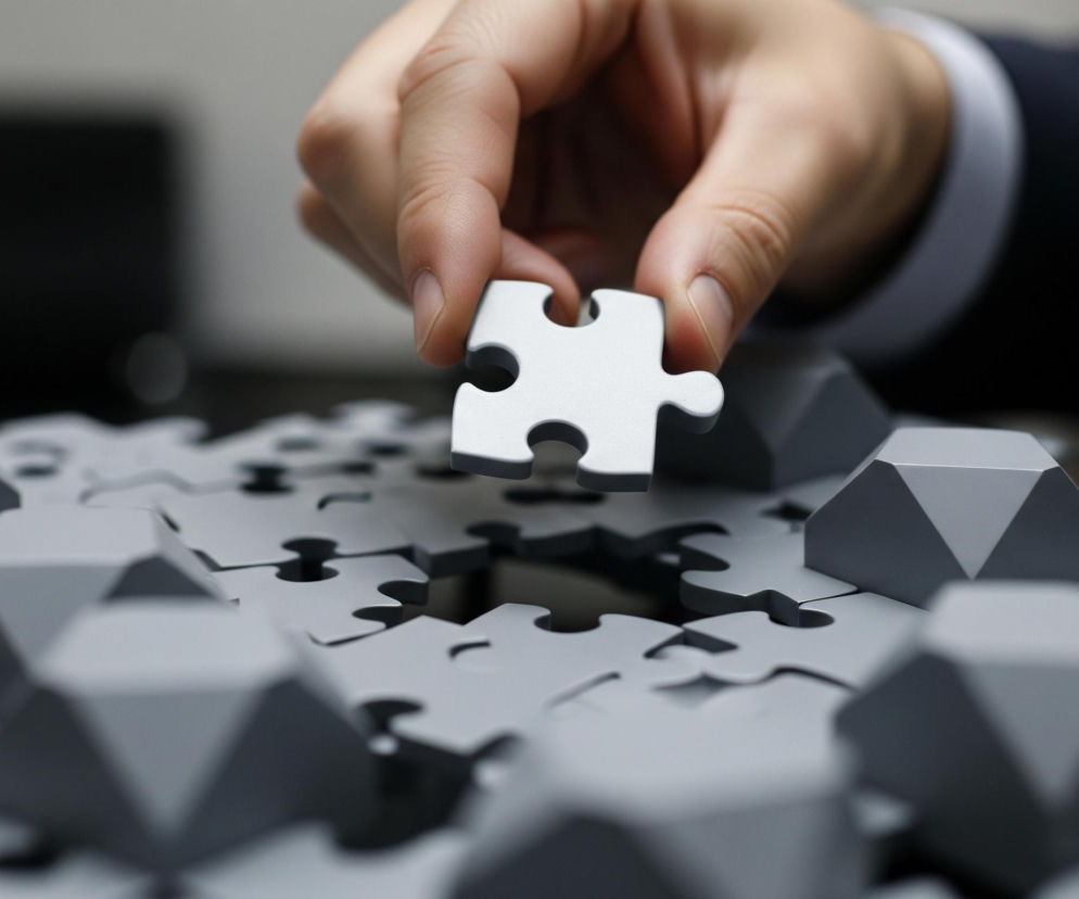 Męska dłoń w ciemnej marynarce i białej koszuli, z dbałością opuszcza pojedynczy, jasnoszary element układanki w kształcie puzzla nad powierzchnią stołu. Na stole leży duża, niemal kompletna szara układanka, z której brakuje jednego, centralnego elementu. Wokół brakującego miejsca oraz na brzegach układanki, rozłożone są kilkanaście ciemnoszarych, wielościennych brył, przypominających geometryczne kamienie, niektóre są ostre i kanciaste, inne bardziej zaokrąglone. Tło jest rozmyte, z widocznym jasnym fragmentem ściany po lewej i ciemnym, prostokątnym kształtem pośrodku.