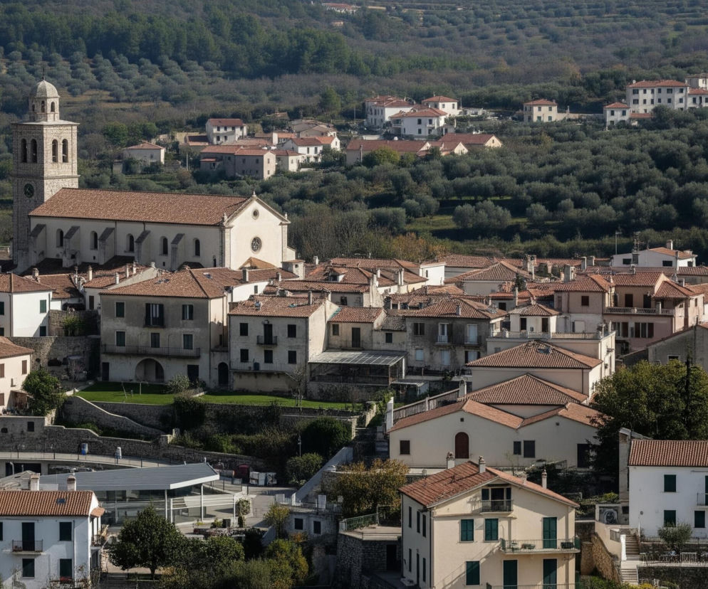 Panorama przedstawia gęsto zabudowaną miejscowość położoną na zielonym zboczu wzgórza, z dominującym jasnym kościołem z wysoką dzwonnicą w lewej części obrazu. Liczne domy o jasnych elewacjach i pomarańczowych dachach z terakoty rozciągają się wzdłuż zbocza, otoczone drzewami oliwnymi i inną zieloną roślinnością. W oddali, na horyzoncie, widoczne są kolejne zabudowania i zalesione wzgórza.