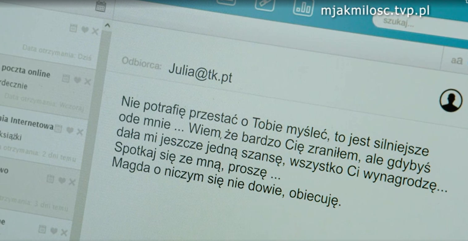M jak miłość odc. 1735 po wakacjach 2023. Email Julii (Marta Chodorowska) do Andrzeja Budzyńskiego